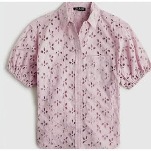 J crew Eyelet Blouse mauve purple puff sleeve button up preppy Size-10